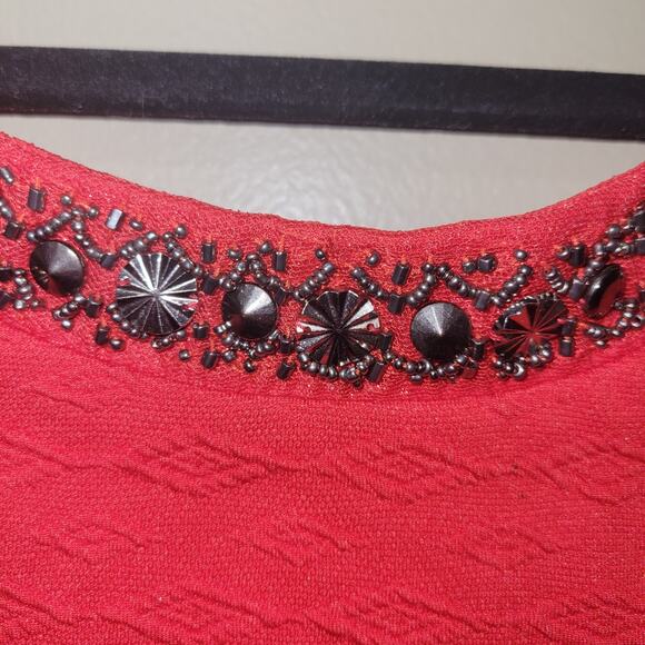 Red Fit & Flare Dress with Beaded Neckline & Bow Detail – Size Small - Picture 5 of 13